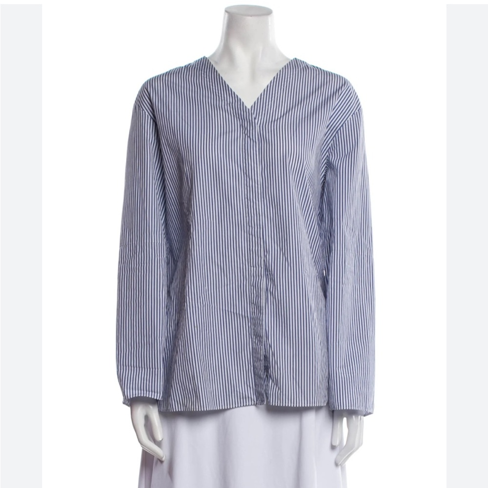 Max Mara Blue White Stripe Cotton Blouse Top Shirt Long Sleeve Coastal